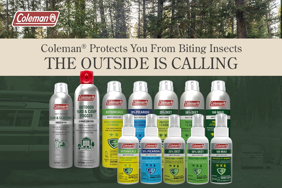 Coleman Protects you from biting insects. THE OUTSIDE IS CALLING. image shows all Coleman repellents