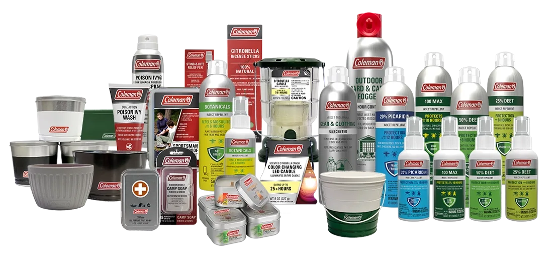Coleman 100 MAX Insect Repellent 98% DEET<br />
Coleman Citronella 11oz Iconic Cooler Candle with Double Wick<br />
Coleman Citronella Incense Sticks<br />
Coleman Poison Ivy Relief Spray<br />
Coleman Sportsman Waterproof First Aid Kit – 100 Pieces<br />
Coleman Citronella Nostalgic Scented 6oz Square Candles with Lid<br />
Coleman Botanicals Insect Repellent 30% LEMON EUCALYPTUS<br />
Coleman Wax Firestarters | Citronella Scented – 16 Wax Cups<br />
Coleman Citronella 20oz Bucket with Triple Wick<br />
Coleman Sting and Bite Relief Pen<br />
Coleman Citronella 11oz Bucket Candle with Lid<br />
Coleman Camp Soap – 25 Travel Soap Sheets<br />
Coleman Citronella 6.7oz Iconic Lantern with Handle<br />
Coleman Citronella 18oz Two Tone Bucket with Lid and Handle<br />
Coleman Citronella 11oz Decorative Stone-look Candle<br />
Coleman Poison Ivy Wash<br />
Coleman All Purpose Mini First Aid Kit Tin – 27 Pieces<br />
Coleman Citronella 8oz Color Changing LED Candle<br />
Coleman Gear and Clothing Insect Treatment Spray<br />
Coleman Outdoor Yard & Camp Fogger<br />
