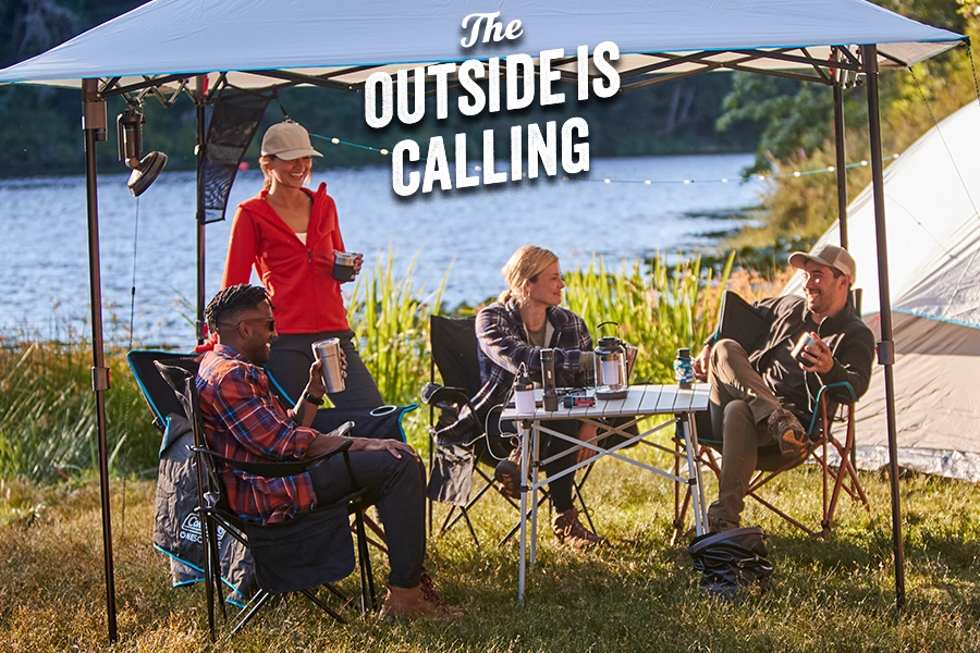 The outside is calling. Background image: Four adults under a canopy with camp table next to a lake on a sunny day