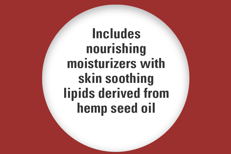 includes nourishing moisturizers with skin soothing lipids derived from hemp seed oil