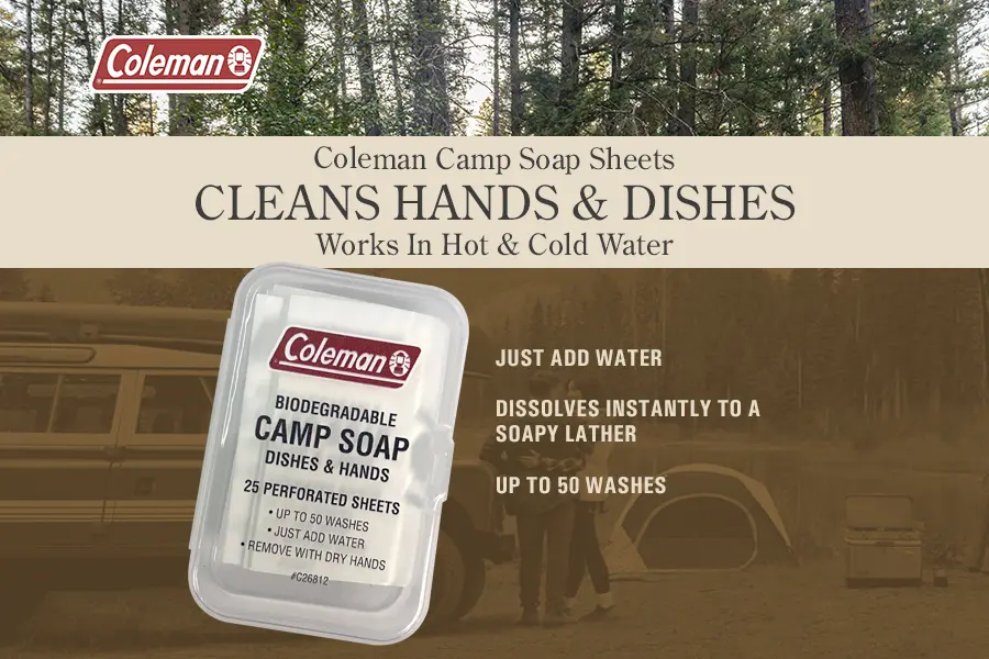 Coleman Camp Soap Sheets cleans hands and dishes