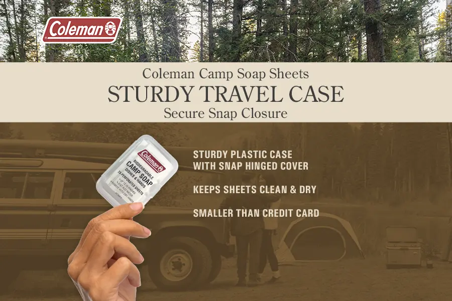 Coleman camp soap sheets has a sturdy travel case