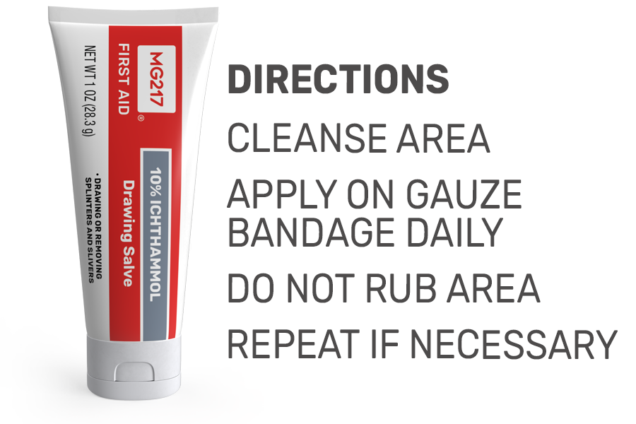 Directions: cleanse area, apply on gauze bandage daily, do not rub area, repeat if necessary