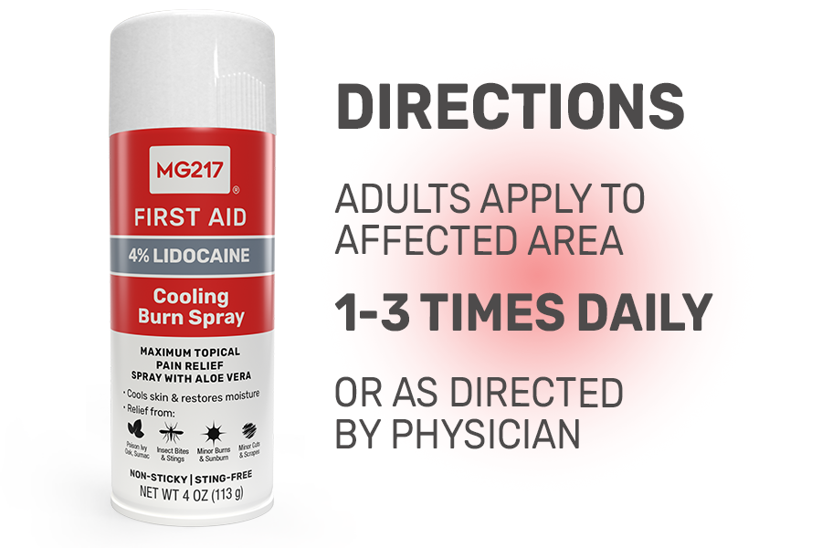MG217 Cooling Burn Spray Directions:
Adults apply to affected area 1 to 3 times daily or as directed by physician