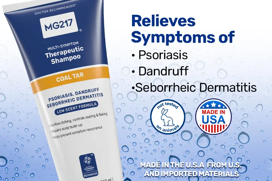 MG217 Multi-Symptom .5% Coal Tar Therapeutic Shampoo relieves symptoms of psoriasis, dandruff and seborrheic dermatitis
