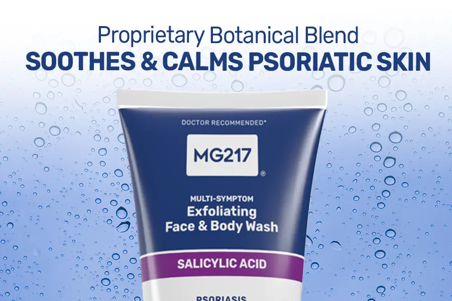 Proprietary botanical blend of MG217 Exfoliating Face & Body Wash soothes and calms psoriatic skin