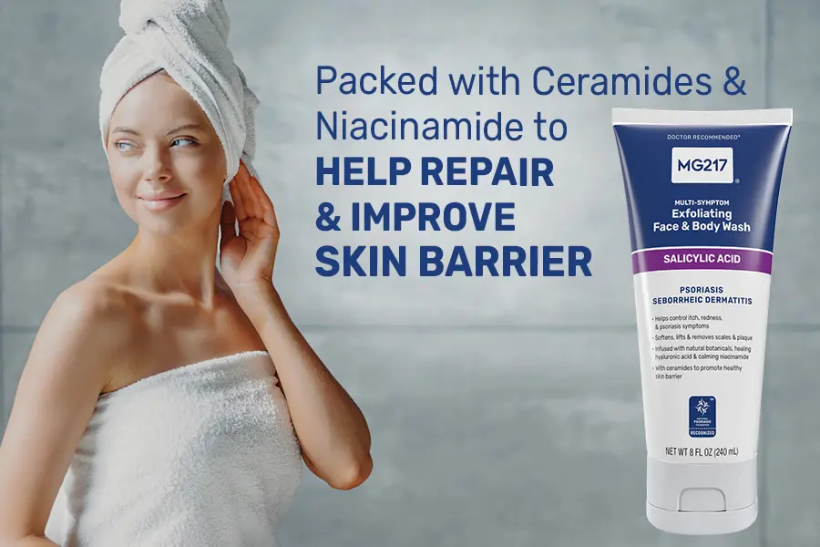 MG217 Exfoliating Face & Body Wash is packed with ceramides and niacinamide to help repair and improve skin barrier
