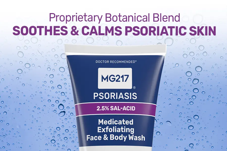 MG217 Exfoliating Face & Body Wash has a Proprietary botanical blend that soothes and calms psoriatic skin