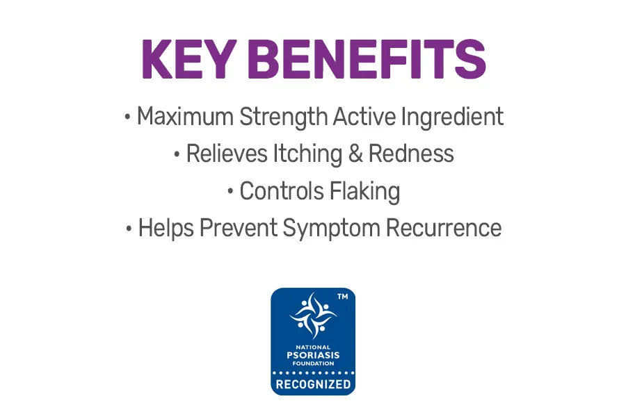 key benefits: maximum strength active ingredient, relieves itching and redness, controls flaking, helps prevent symptom recurrence