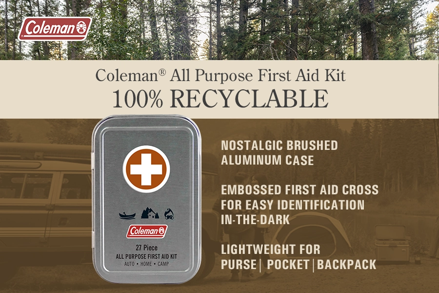Coleman All Purpose First Aid Kit: 100% Recyclable. Nostalgic brushed aluminum case. Embossed first aid cross for easy identification on the dark. Lightweight for purse, pocket, backpack