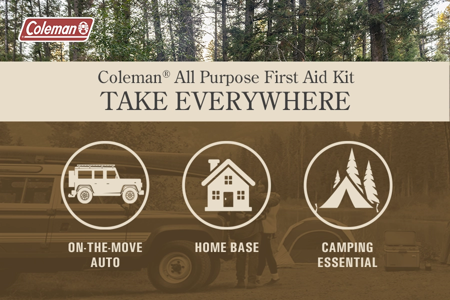 Coleman All Purpose First Aid Kit: Take Everywhere.
-on the move auto
-home base
-camping essential