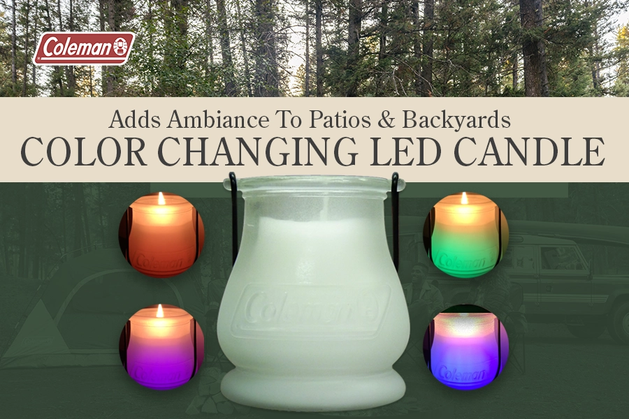 Coleman Color Changing LED Citronella Scented Candle adds ambiance to patios and backyards