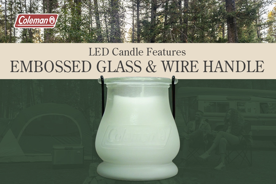 Coleman Color Changing LED Citronella Scented Candle features embossed glass and wire handle