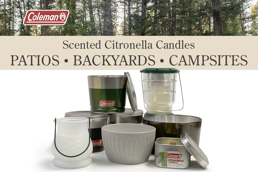 variety of Coleman scented citronella candles for patios, backyards and campsites