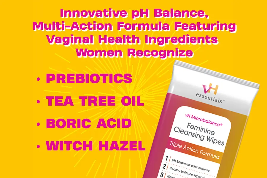 vh essentials cleansing wipes with prebiotics, tea tree oil, boric acid and witch hazel