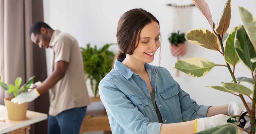 woman and man potting indoor plants
